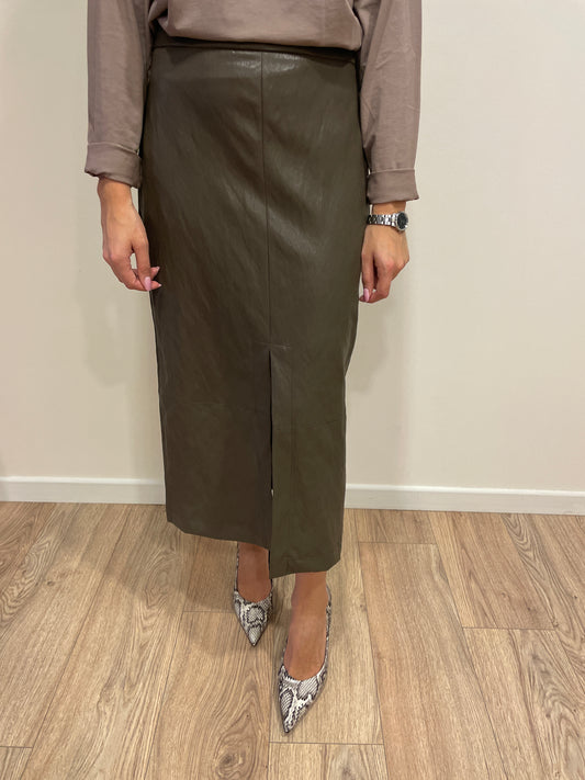 Gonna loungette Gold in ecopelle con spacco color verde militare