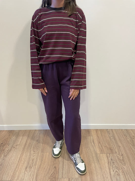 SUSY MIX - T-shirt in misto cotone a maniche lunghe a righe in contrasto bordeaux e bianco color moro - più varianti