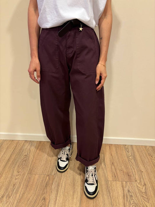 SUSY MIX - Pantalone barrel fit in cotone con cintura color fico