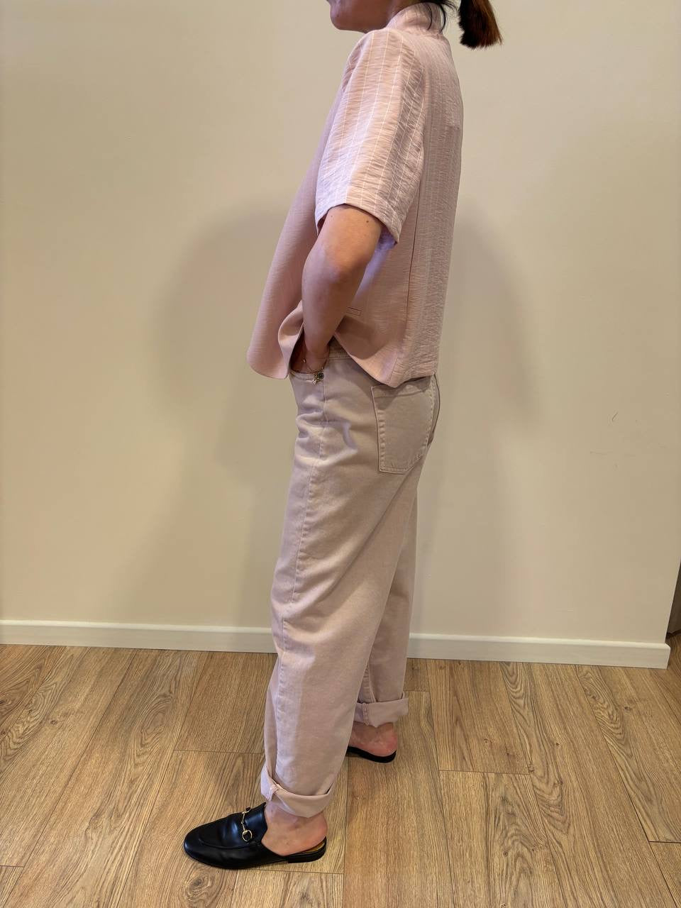 HAVEONE - Giacca rosa gessata a mezze maniche con bottoni trasversali