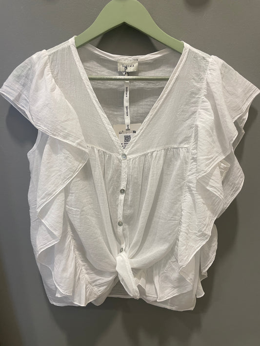 SUSY MIX - Camicia in mussola di cotone con scollo a V e rouches