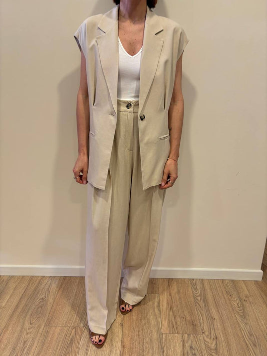 VICOLO - Gilet beige a un bottone con pinces in viscosa e lino