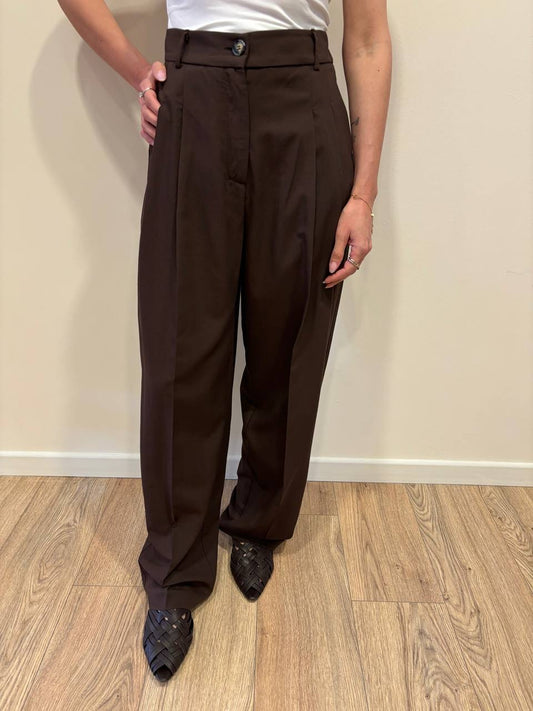 VICOLO - Pantalone testa moro a palazzo con pinces in viscosa e lino