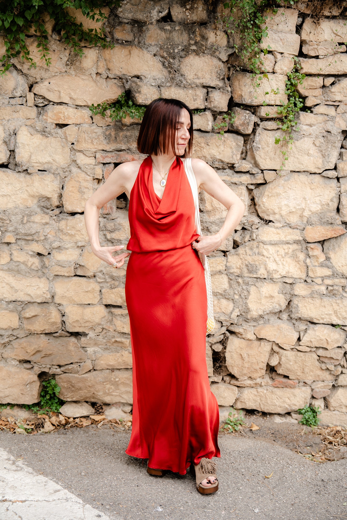 HAVEONE - Gonna lunga in viscosa rossa con spacco laterale