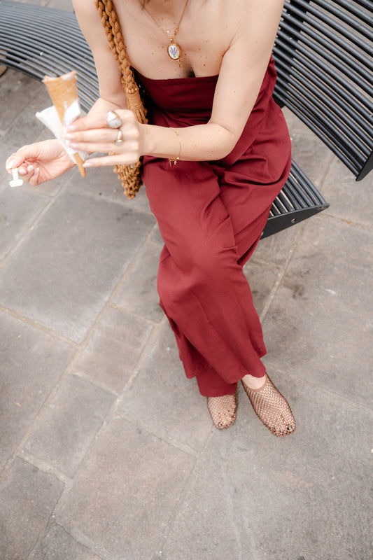 HAVEONE - Pantalone a palazzo ampio con pinces color bordeaux