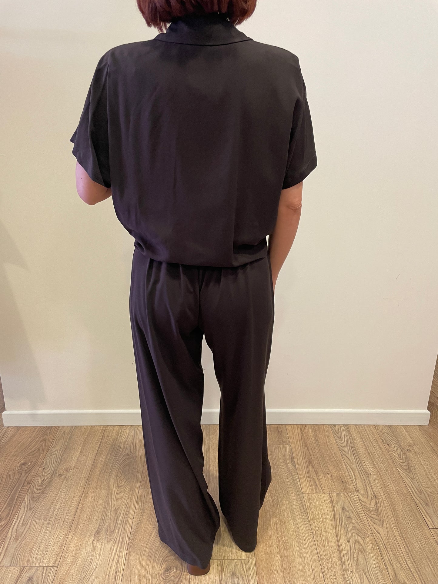HAVEONE - Pantalone in viscosa a palazzo dritto con elastico color moro