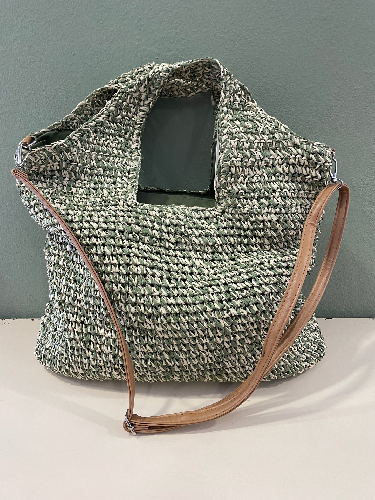 Borsa in rafia grande a mano con tracolla cuoio - più colori