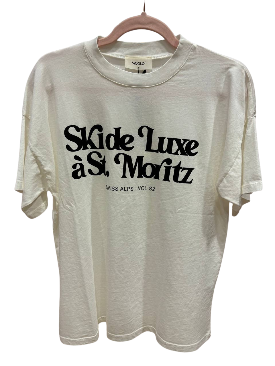 VICOLO - T-shirt in cotone con scritta "Ski de luxe a St. Moritz" - più colori