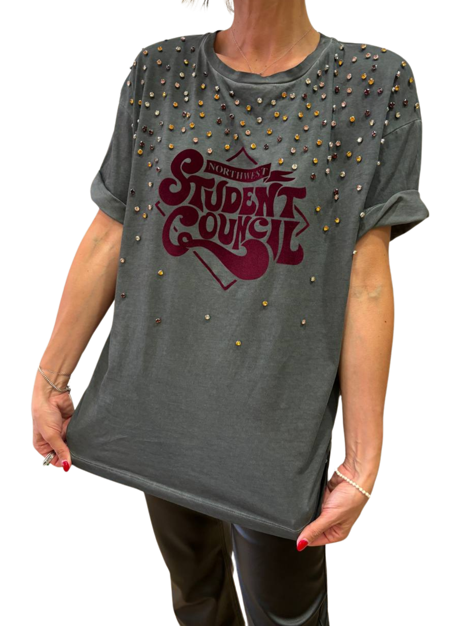 SOUVENIR PRIVE' - T-shirt con applicazioni di strass e scritta "student council"