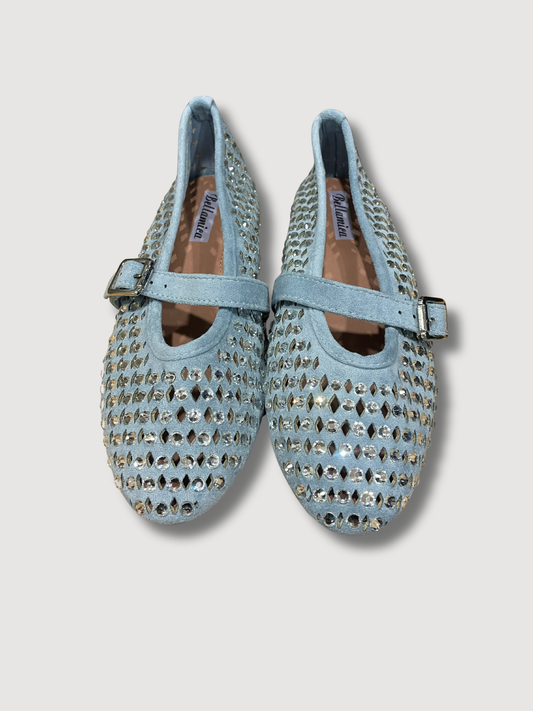 Ballerine traforate con strass e cinturino - azzurro