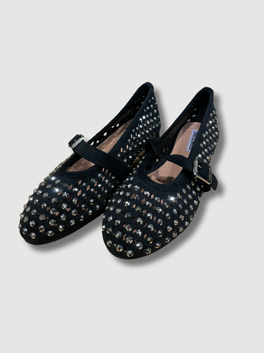 Ballerine traforate con strass e cinturino - nero