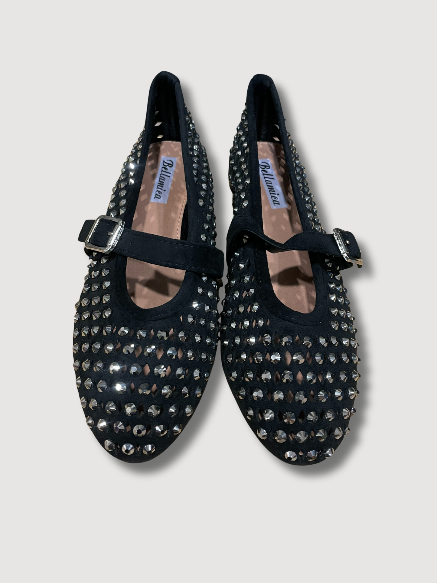 Ballerine traforate con strass e cinturino - nero