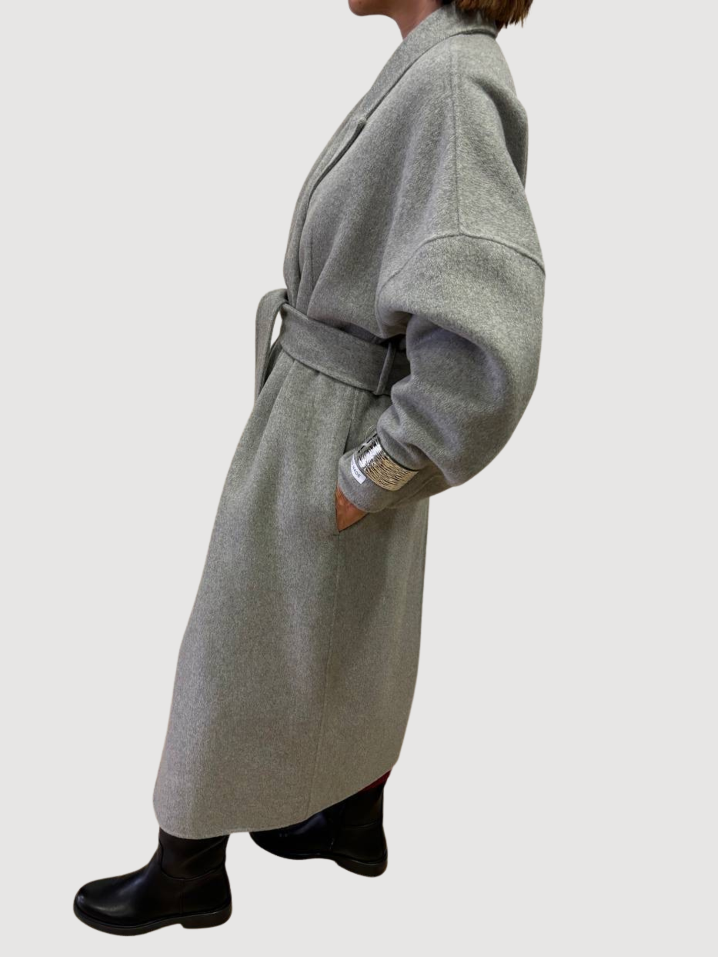 HAVEONE - Cappotto grigio handmade in misto lana con cintura