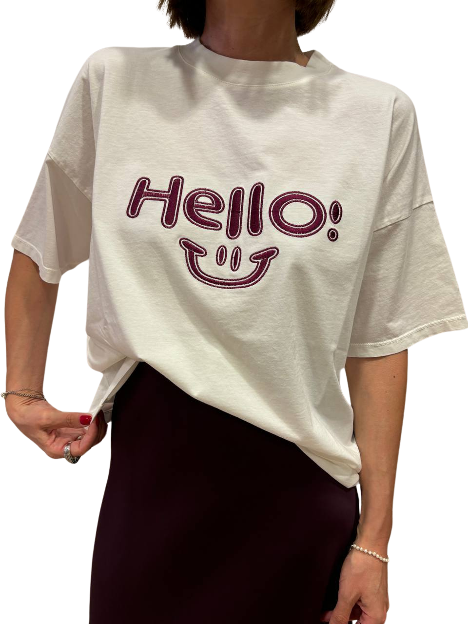 VICOLO - T-shirt in cotone con scritta "Hello :)" burro