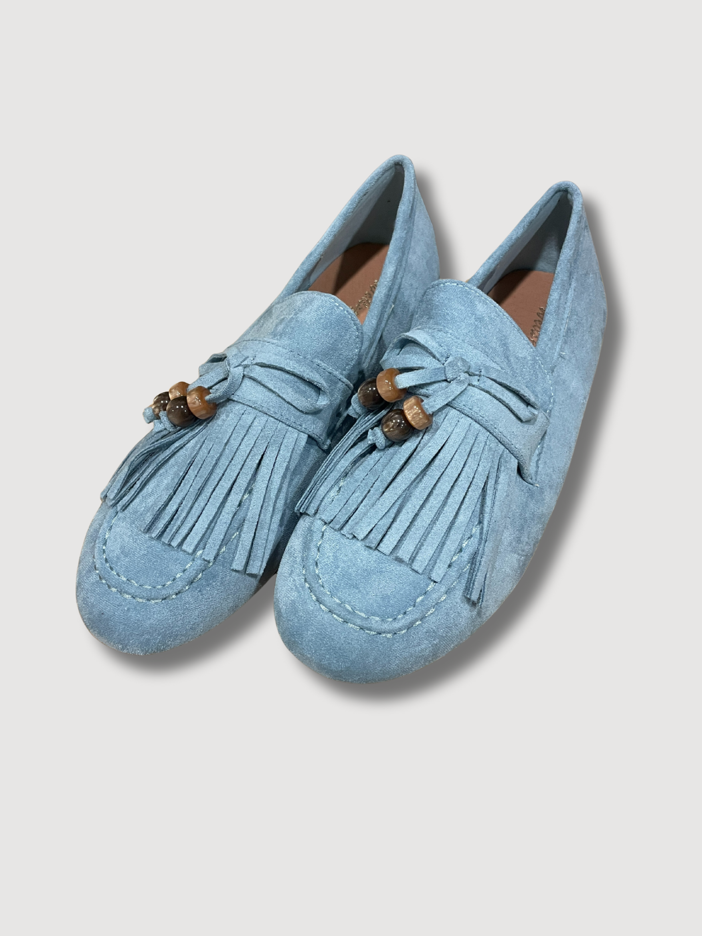 Mocassino in tessuto con nappine e perline - azzurro