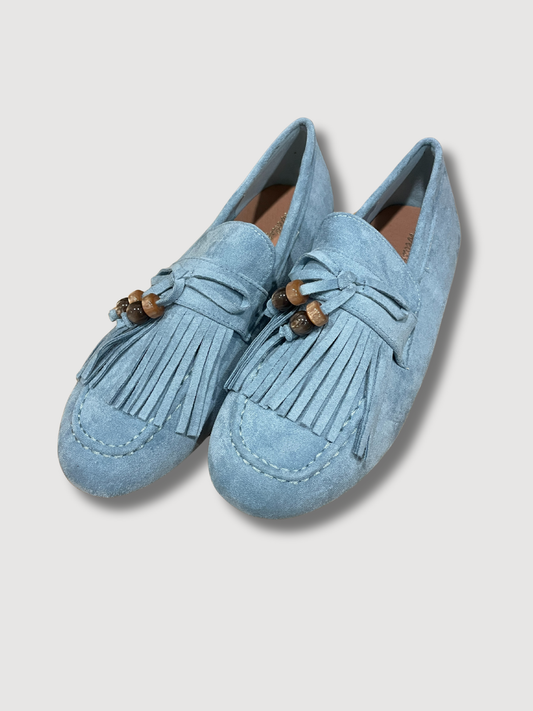 Mocassino in tessuto con nappine e perline - azzurro