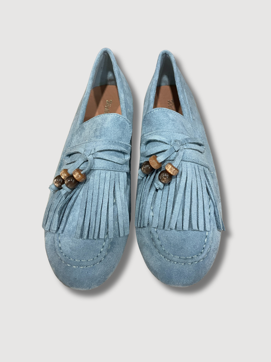Mocassino in tessuto con nappine e perline - azzurro