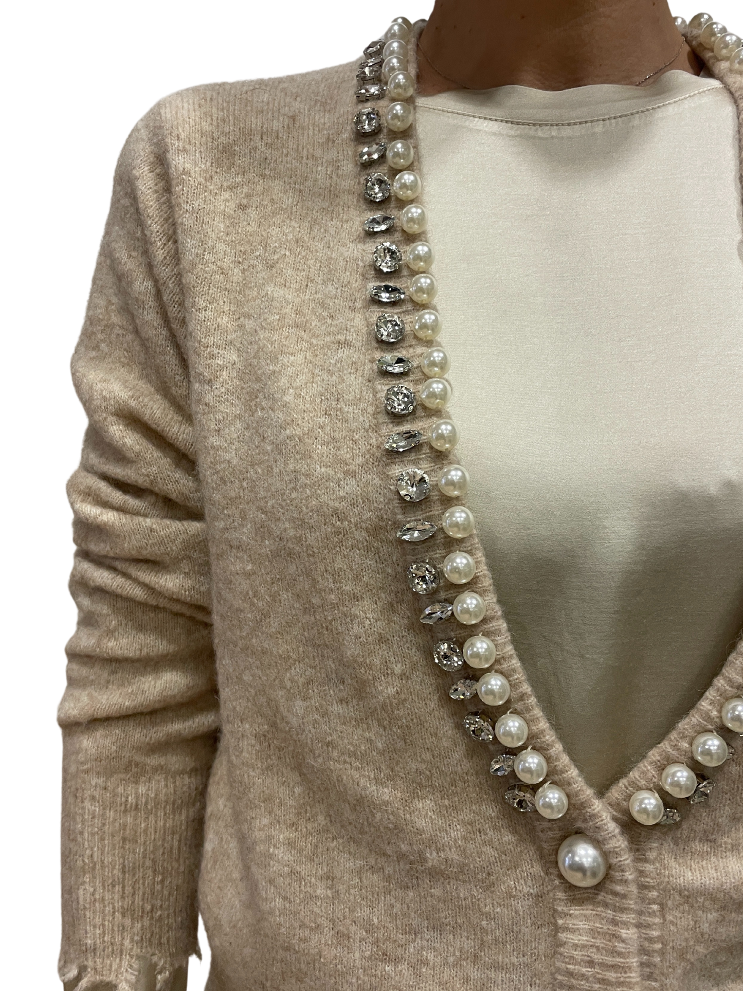 KAOS - Cardigan crema con dettaglio strass e perle e chiusura con bottoni