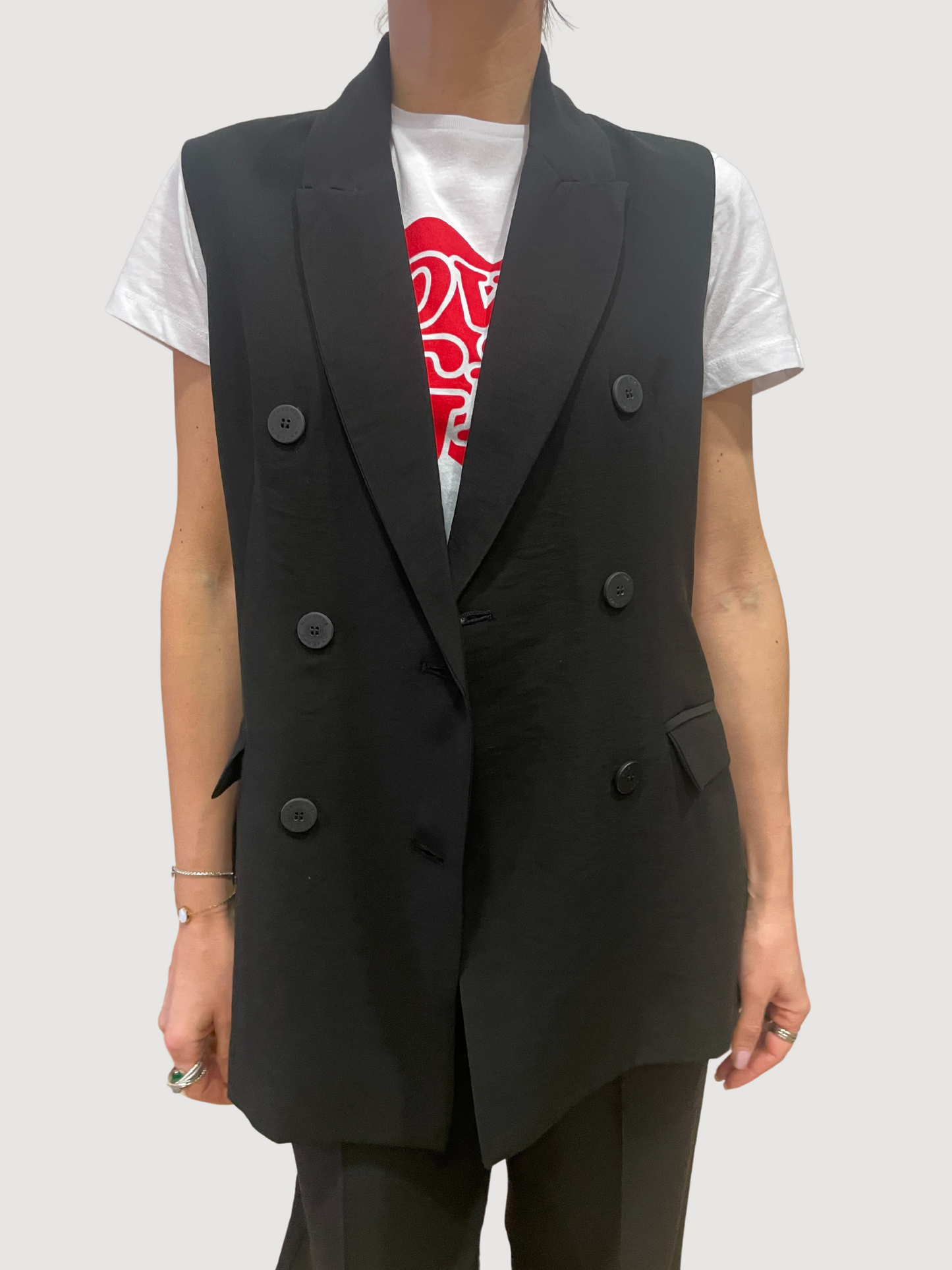 HAVEONE - Gilet lungo nero con chiusura a doppiopetto