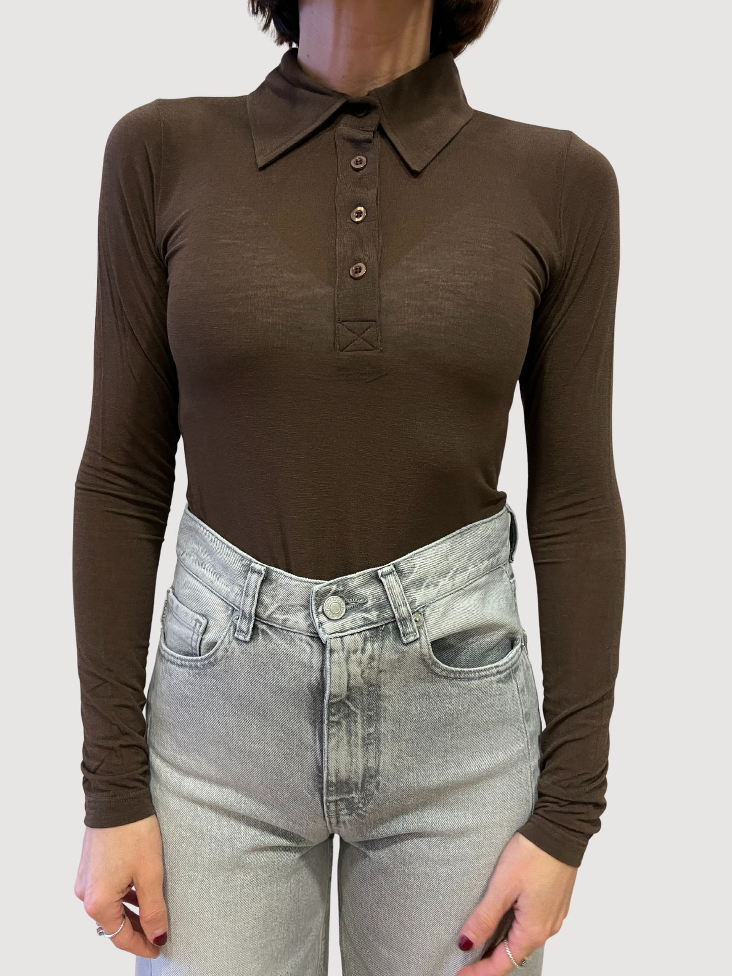 VICOLO - Polo in seta e viscosa con bottoni cacao