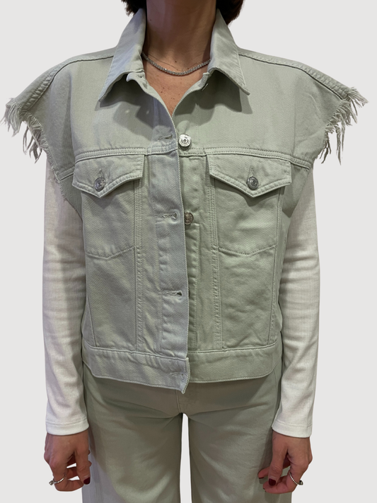 VICOLO - Gilet in jeans verde acqua smanicato con frange