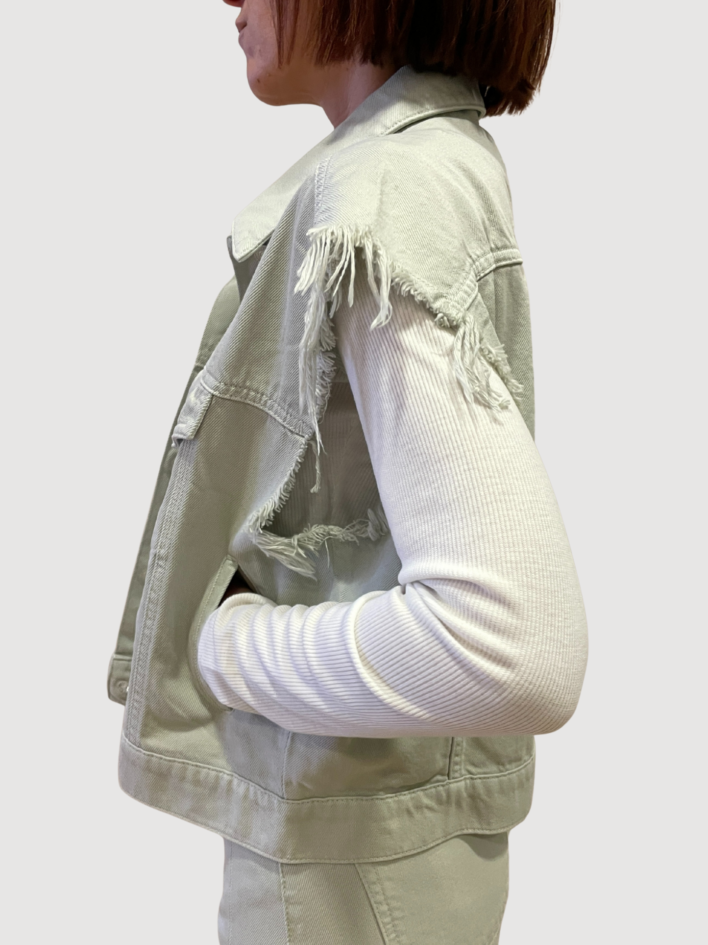 VICOLO - Gilet in jeans verde acqua smanicato con frange