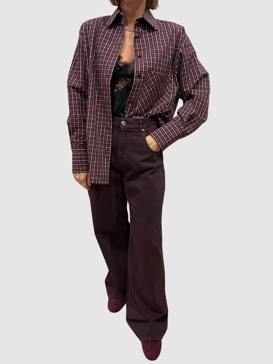 HAVEONE - Camicia check bordeaux con tasca frontale