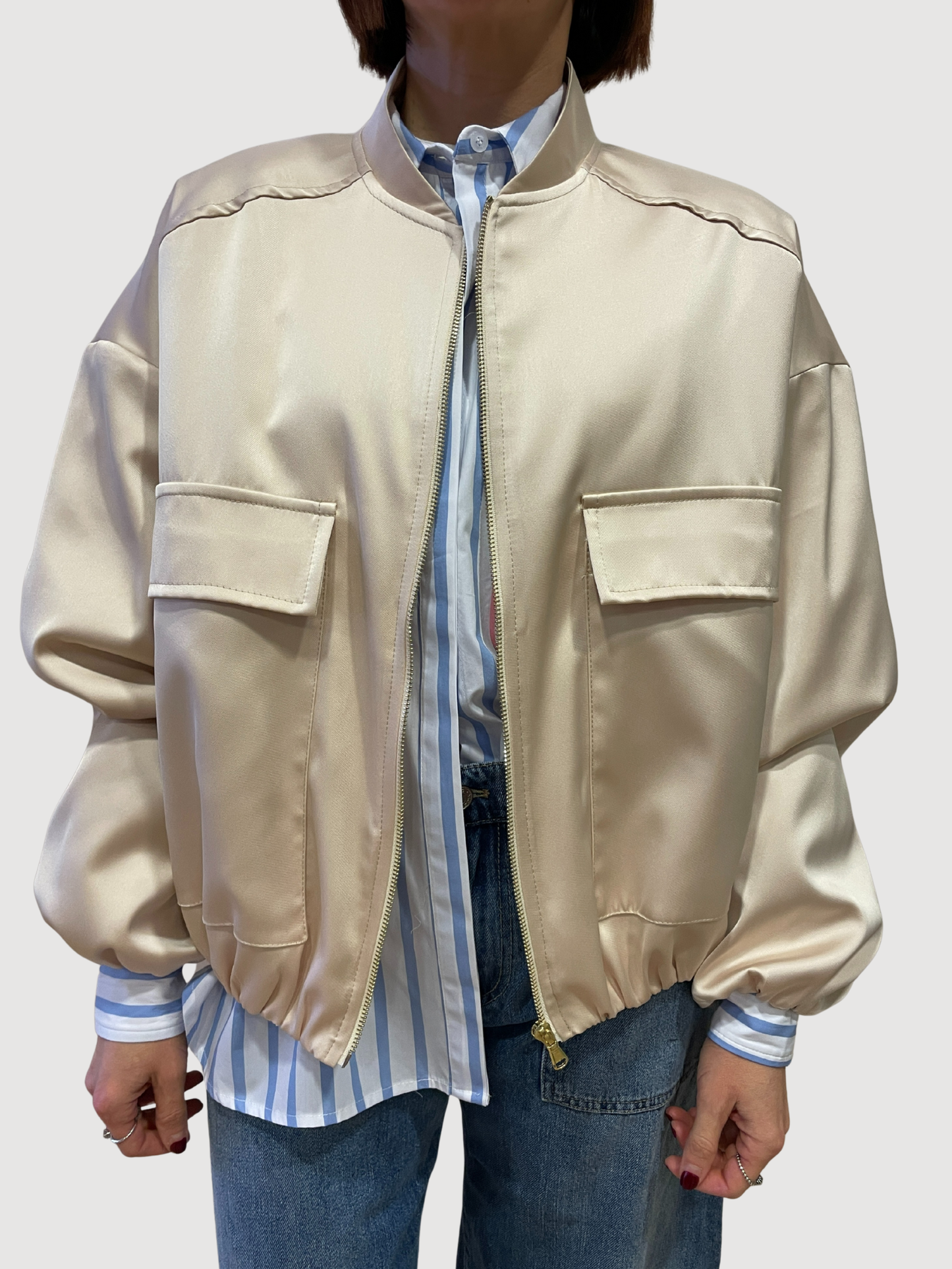 VICOLO - Bomber rosa effetto raso con tasche frontali e zip