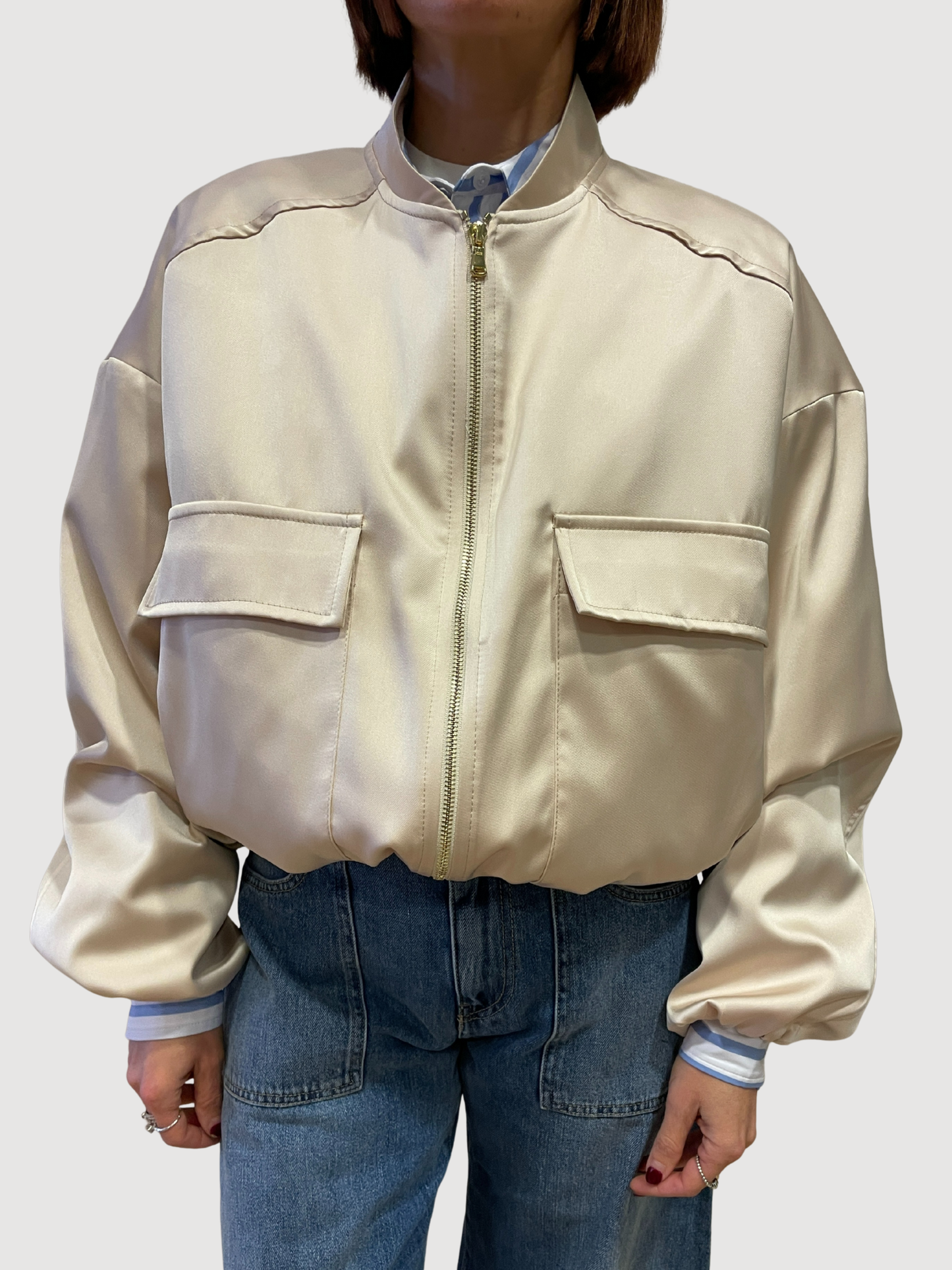 VICOLO - Bomber rosa effetto raso con tasche frontali e zip