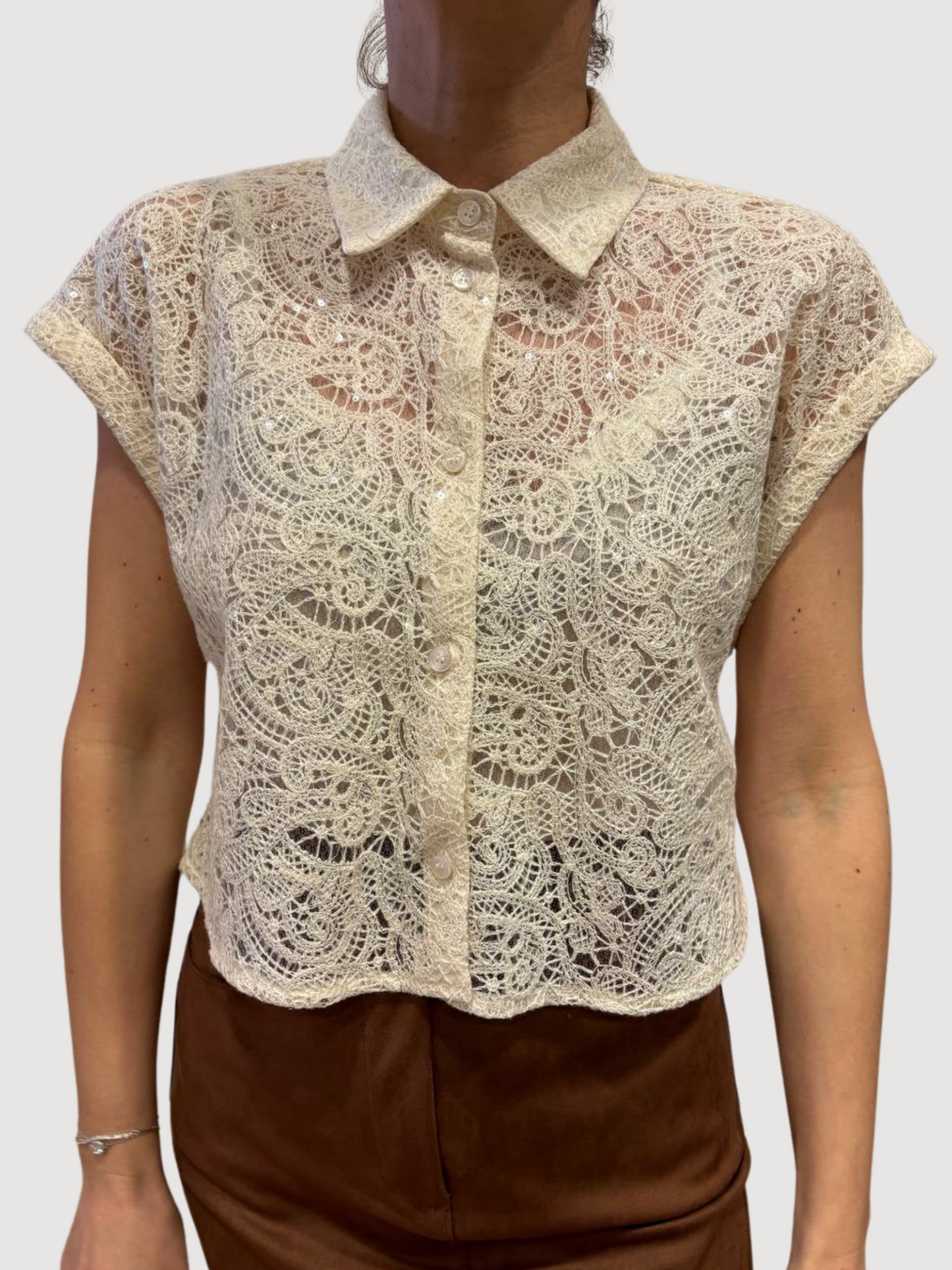 KAOS - Camicia smanicata burro in pizzo con micro paillettes
