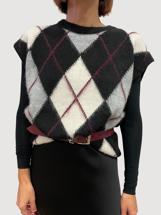 KAOS - Gilet nero e bordeaux a scacchi in maglia