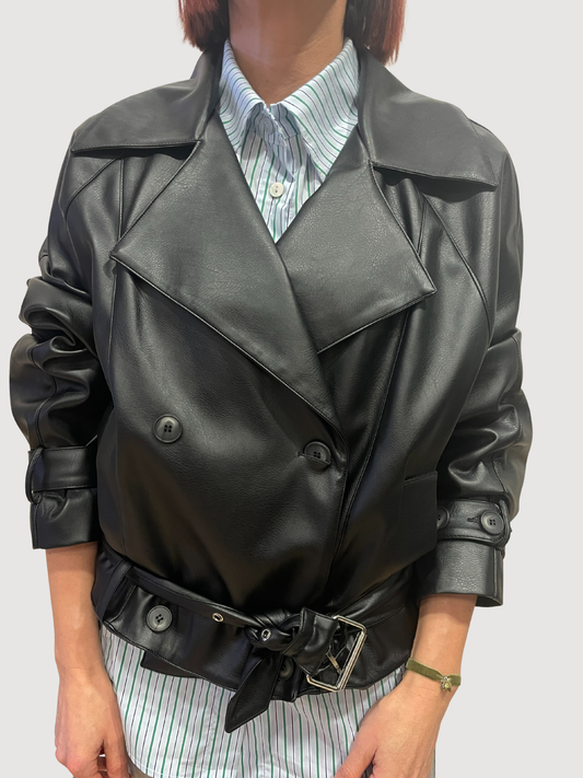 HAVEONE - Chiodo in ecopelle nero a doppiopetto con cintura