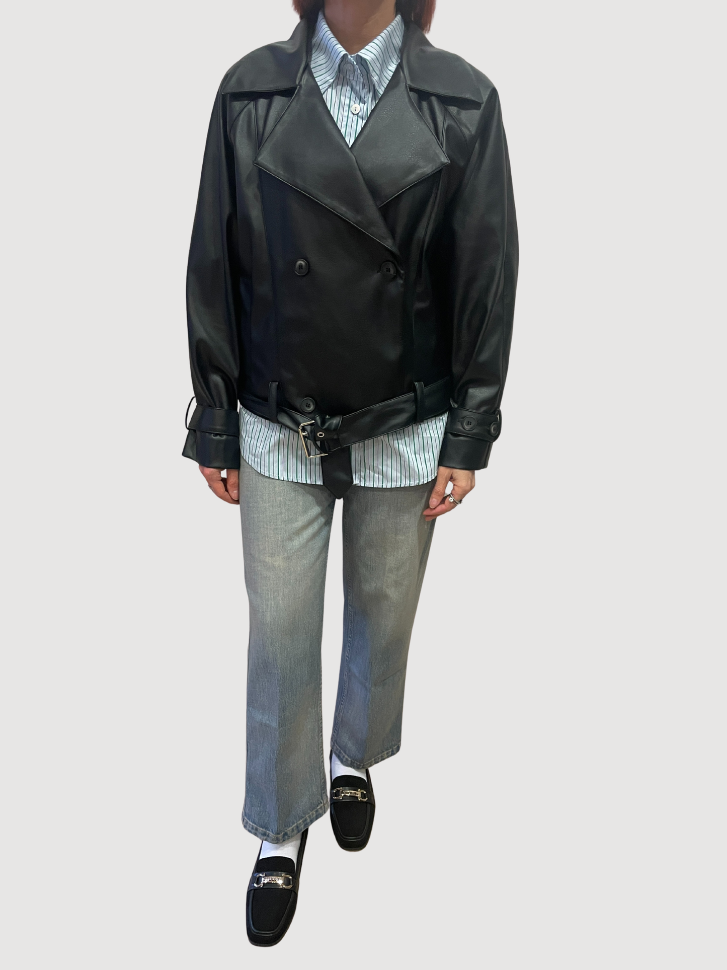 HAVEONE - Chiodo in ecopelle nero a doppiopetto con cintura