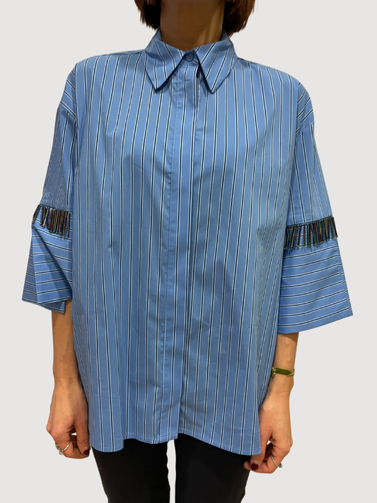 MEME ROAD - Camicia azzurra in popeline con dettaglio applicazione perline