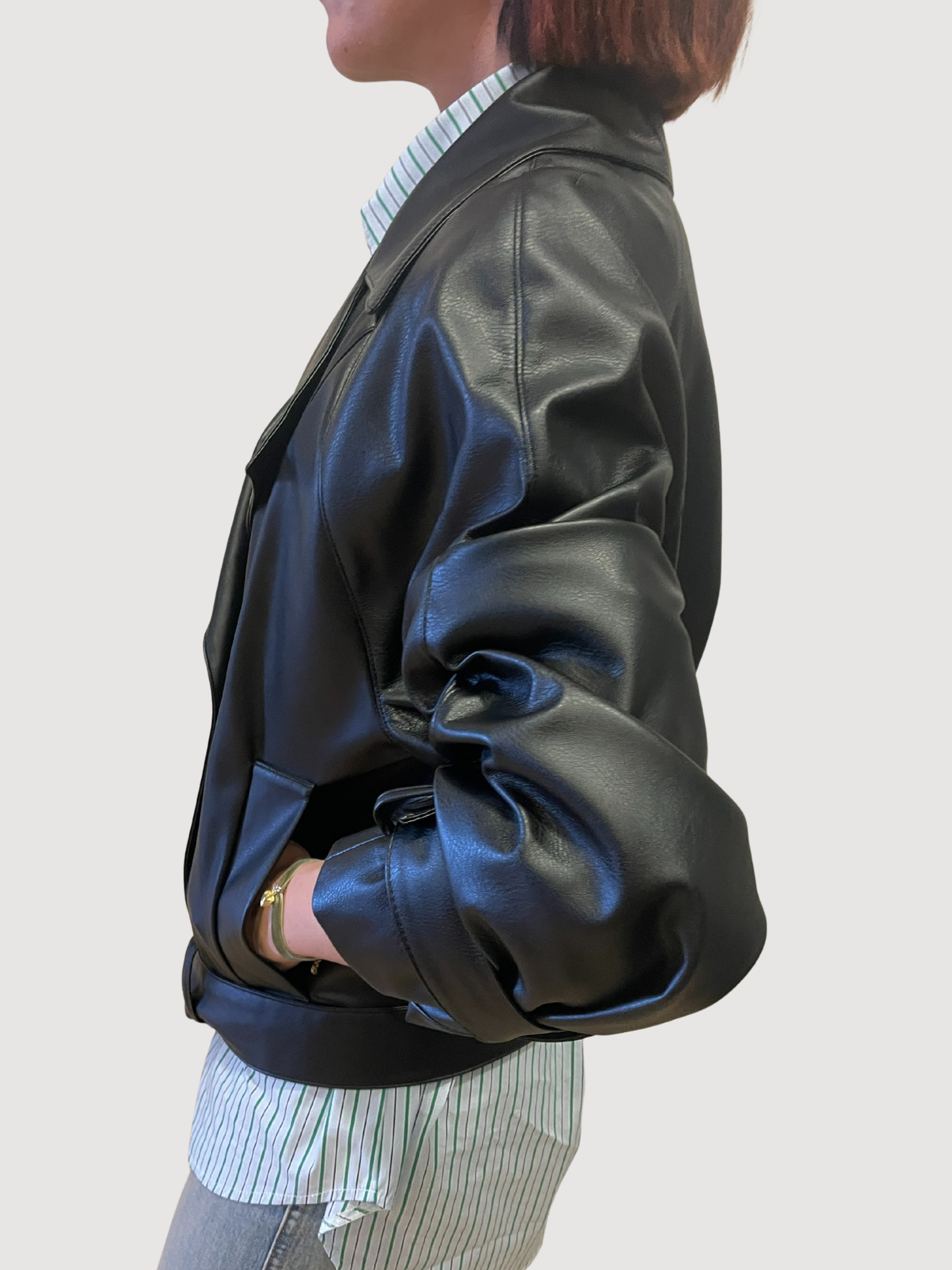 HAVEONE - Chiodo in ecopelle nero a doppiopetto con cintura