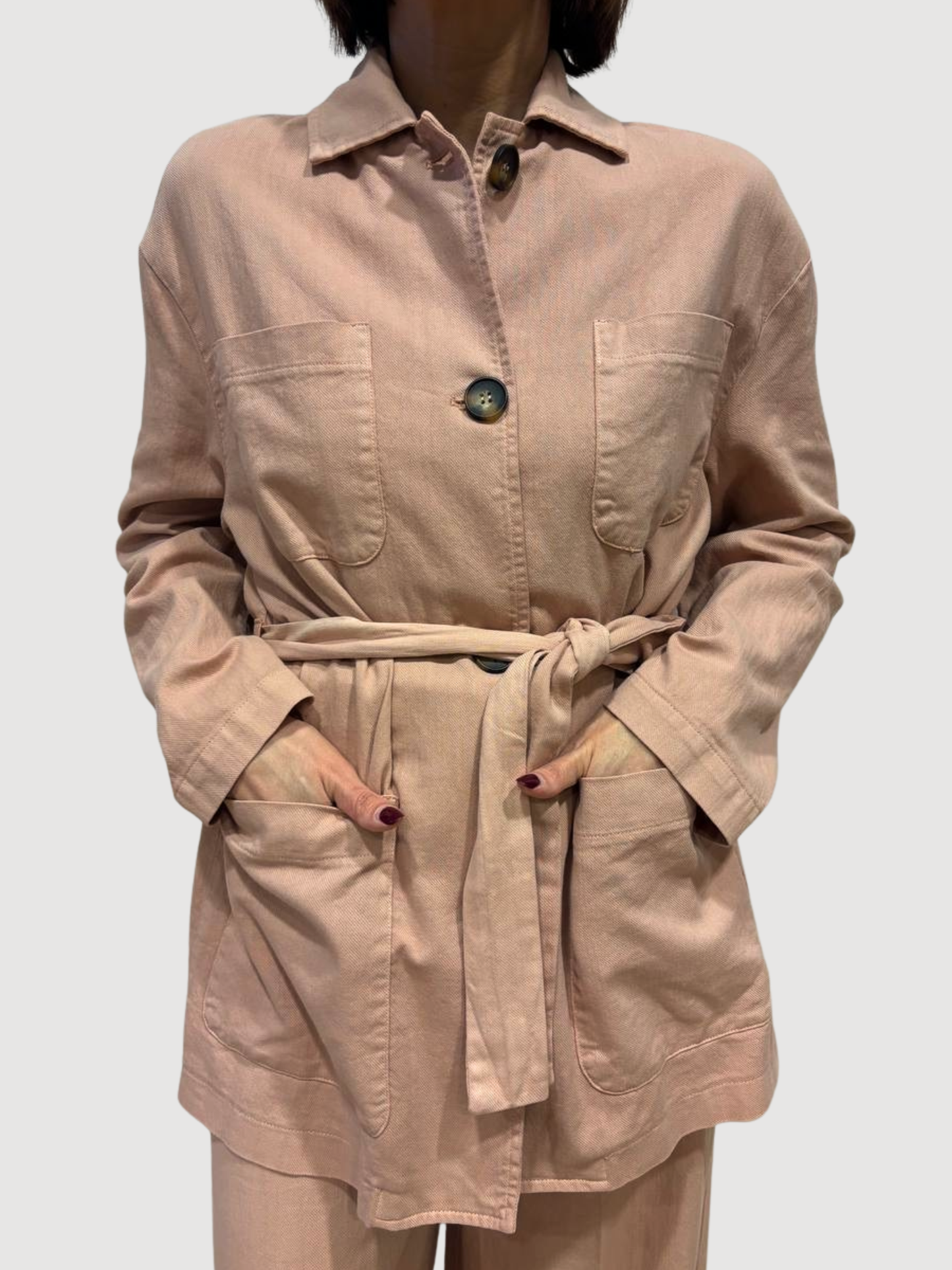 MEME ROAD - Giacca in denim nude con bottoni e cintura