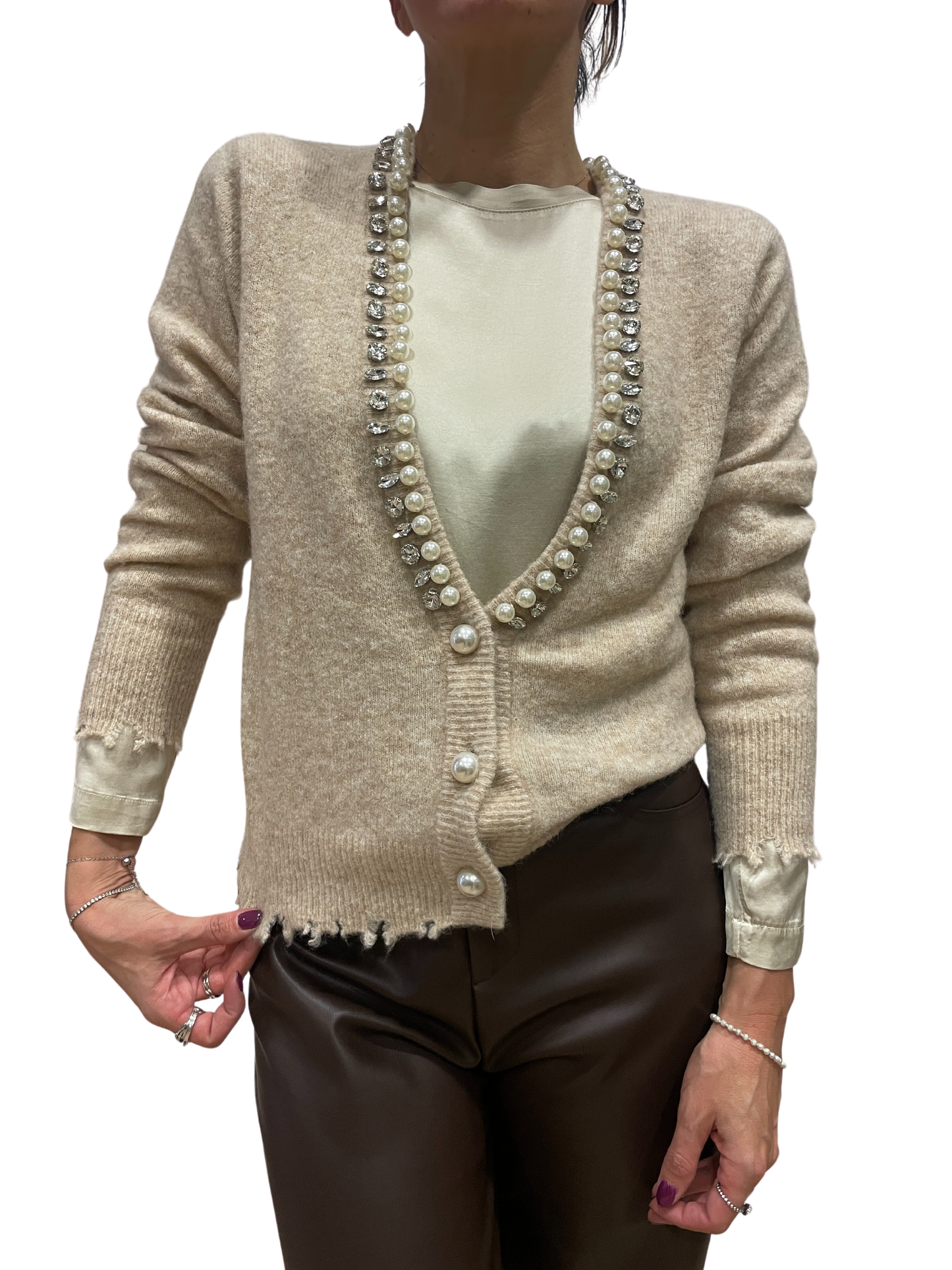 KAOS - Cardigan crema con dettaglio strass e perle e chiusura con bottoni