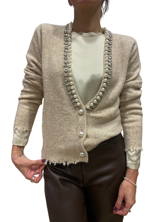 KAOS - Cardigan crema con dettaglio strass e perle e chiusura con bottoni