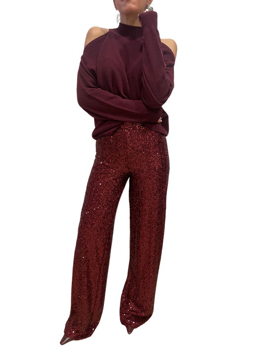 SAIPH - Pantalone a palazzo con applicazione di paillettes bordeaux