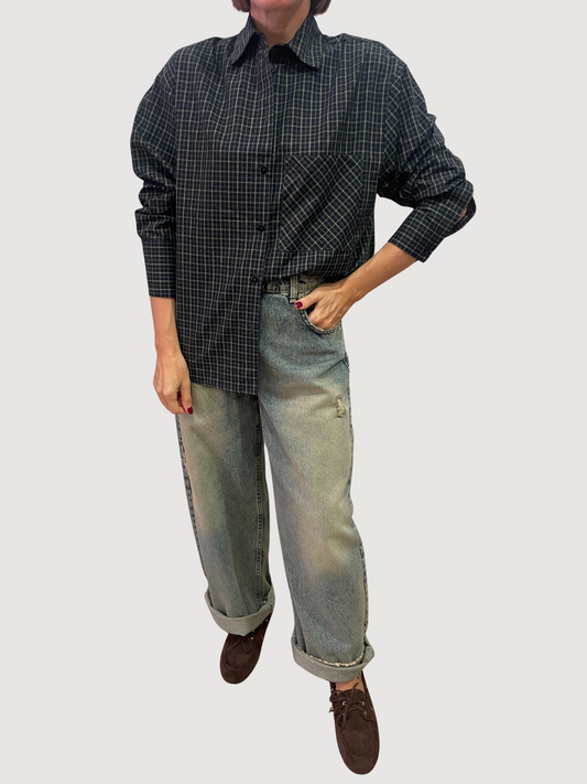 HAVEONE - Camicia check blu e verde con tasca frontale