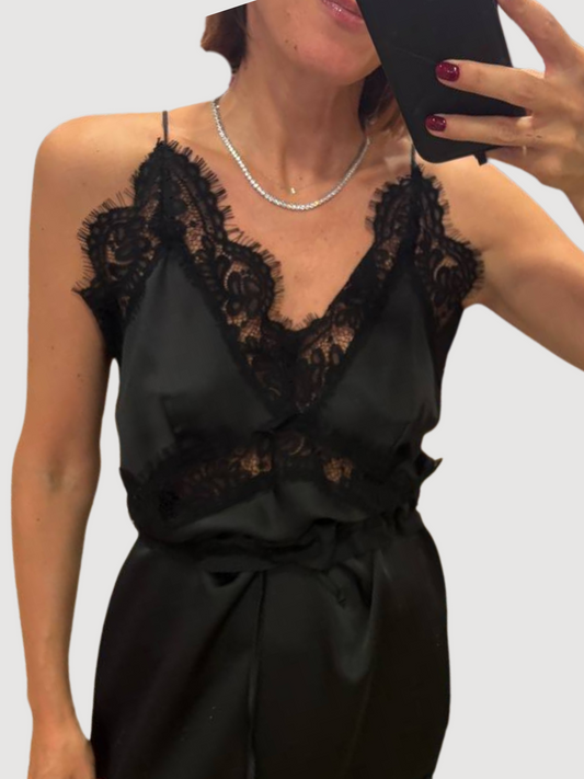 SOUVENIR - Top nero in viscosa con spalline e dettaglio pizzo