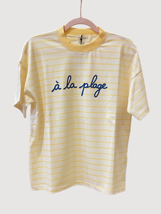 VICOLO - T-shirt over a righe burro e gialla con scritta  blu "à la plage"