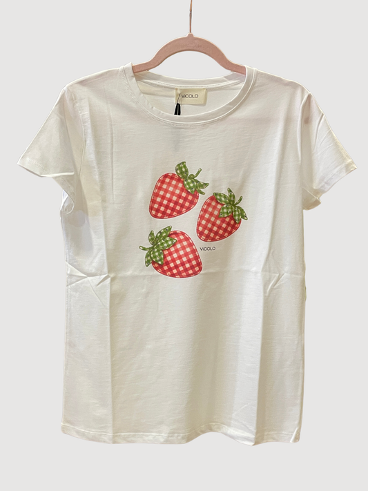 VICOLO - T-shirt in figura con stampa fragole e dettaglio applicazioni di strass