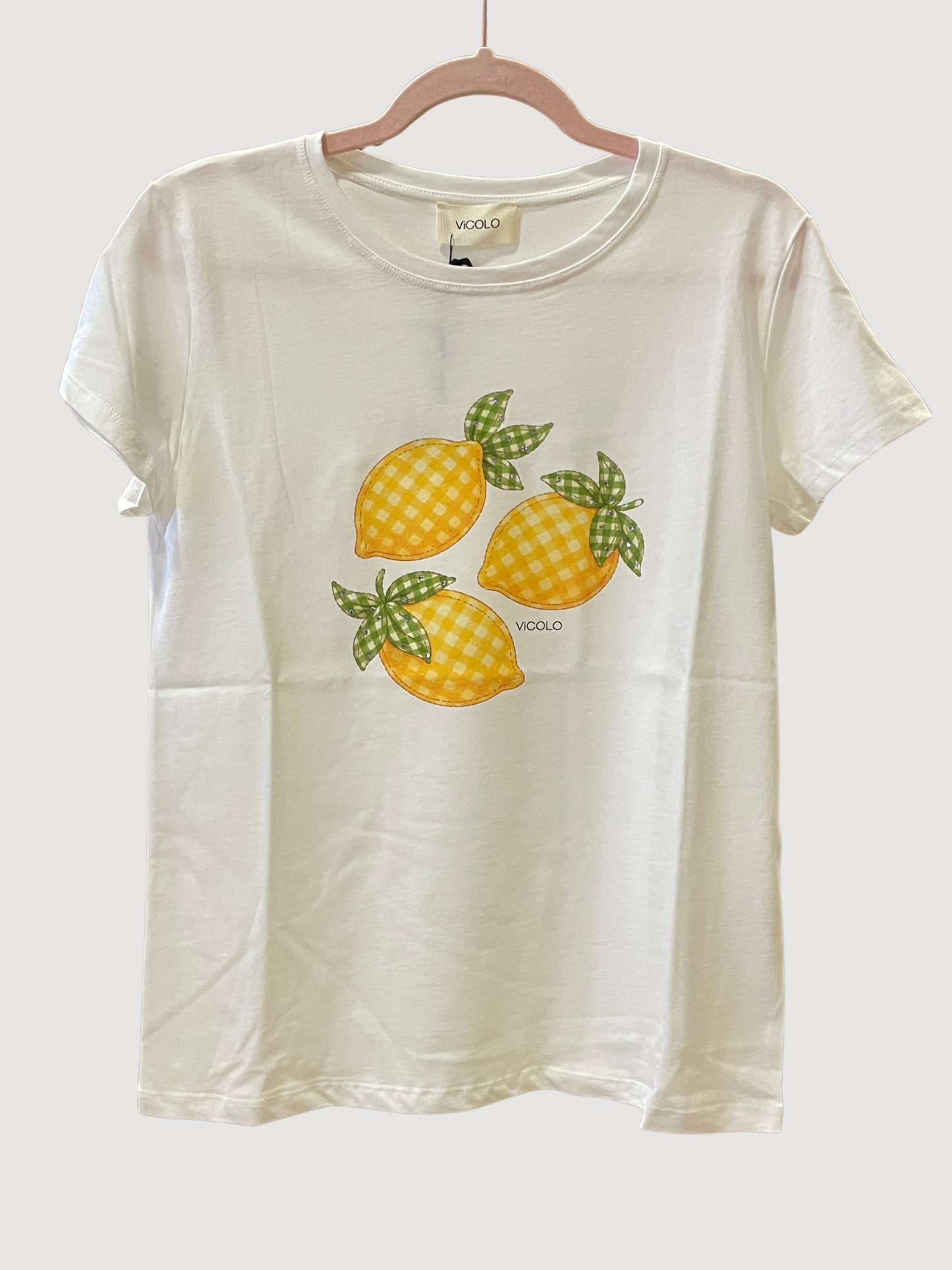 VICOLO - T-shirt in figura con stampa con limoni e dettaglio applicazioni di strass