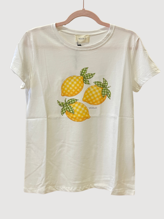 VICOLO - T-shirt in figura con stampa con limoni e dettaglio applicazioni di strass