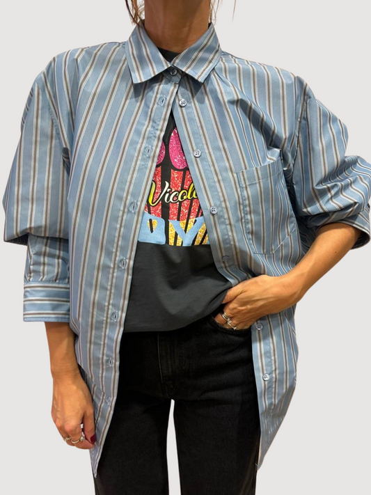 VICOLO - Camicia over azzurra a righe cioccolato