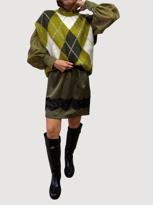 SOUVENIR - Gonna in viscosa verde militare con coulisse e pizzo