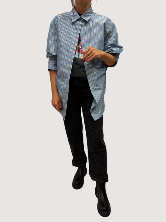 VICOLO - Camicia over azzurra a righe cioccolato