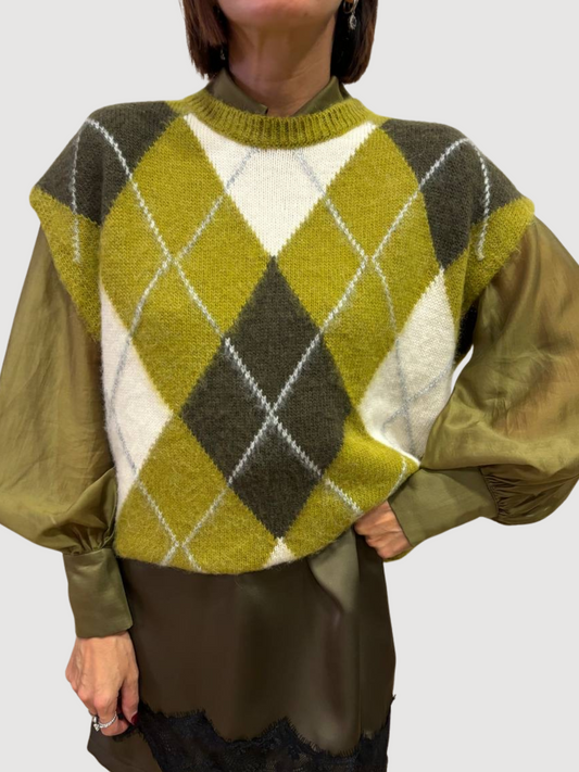 KAOS - Gilet verde olio e burro a scacchi in maglia