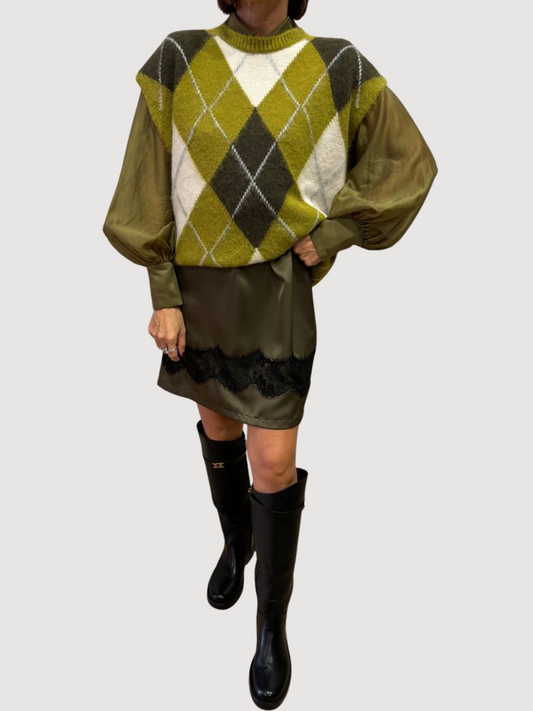 KAOS - Gilet verde olio e burro a scacchi in maglia